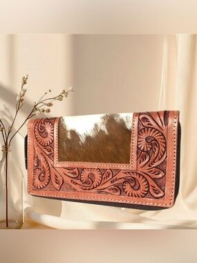Hand-Tooled Leather & Cowhide Wallet - Brown